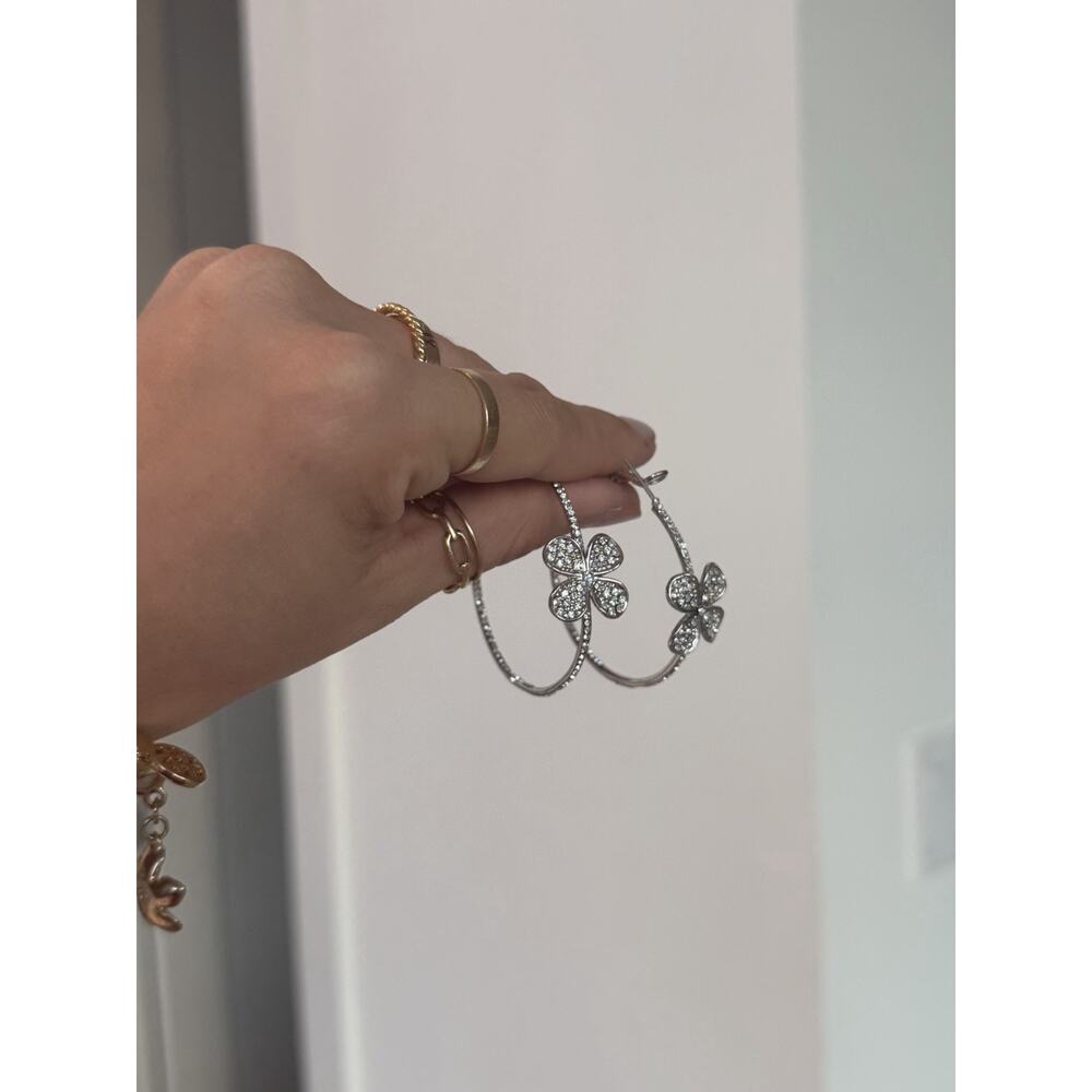 Elegant CZ Flower Hoop Earrings Silver Tone Sparkly Floral Statement Earrings